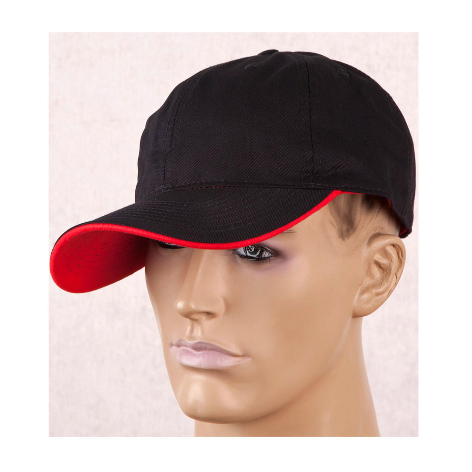 Black six-panel cap with red contrast sandwich brim, worn on mannequin, smooth crown front panel