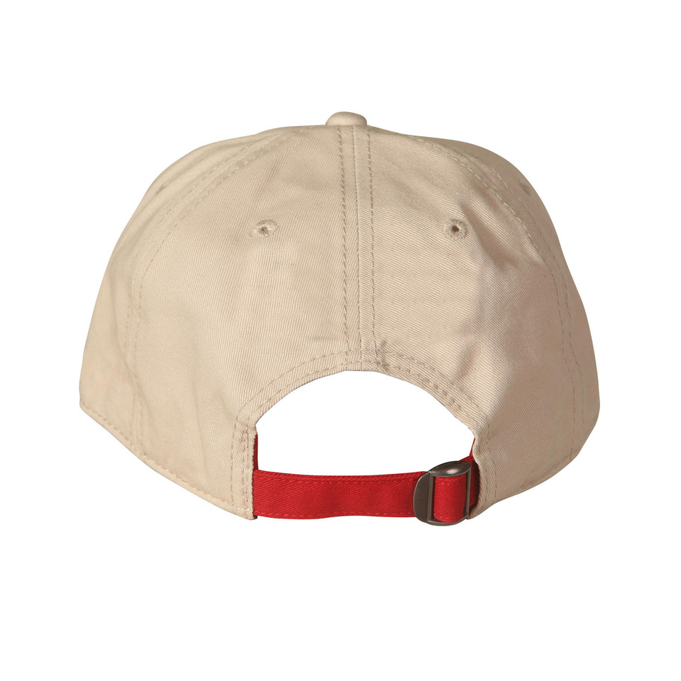 Rear view of stone cotton cap with contrast red adjustable strap and gunmetal buckle closure