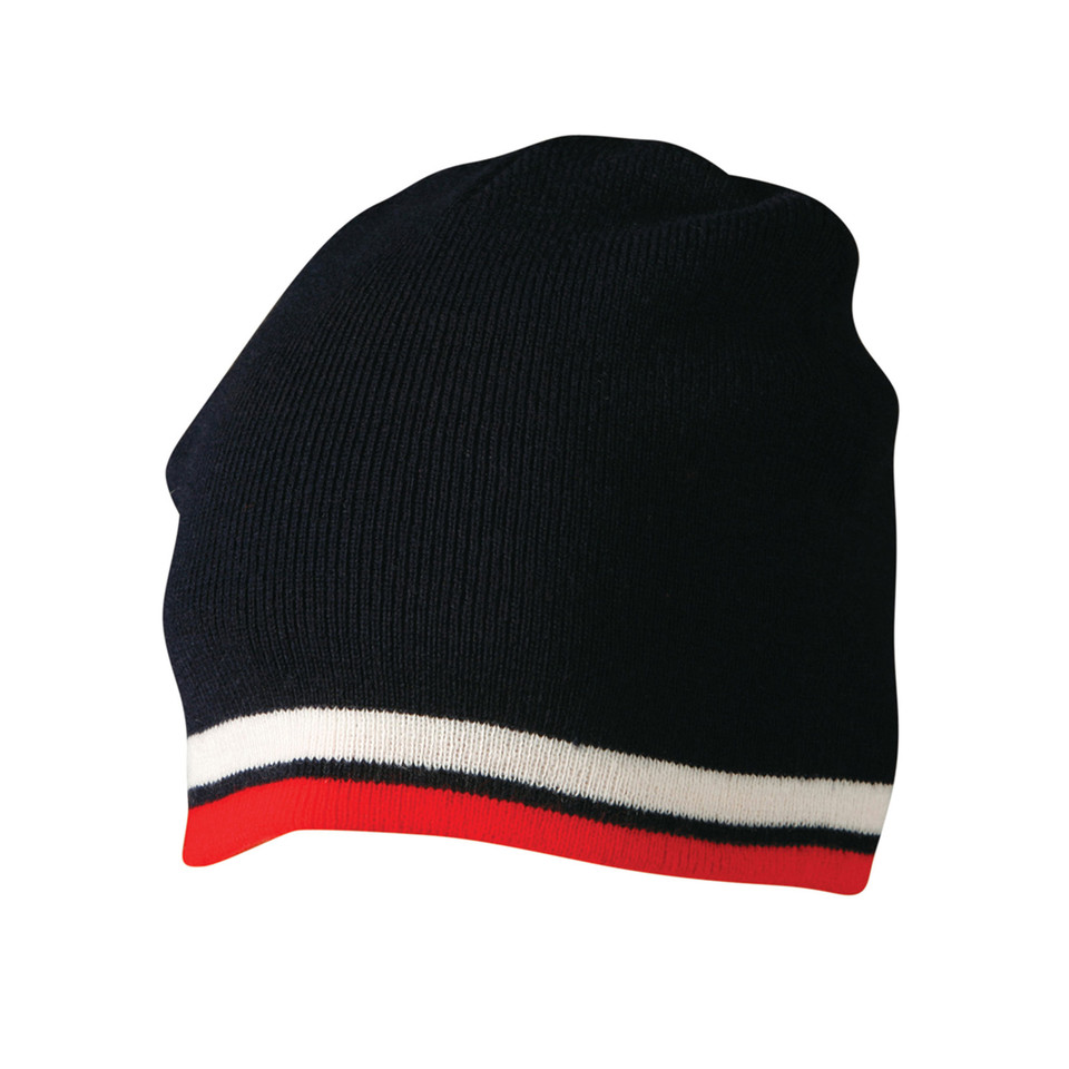Navy knit beanie with red and white contrast stripe band at brim, ribbed texture, packshot