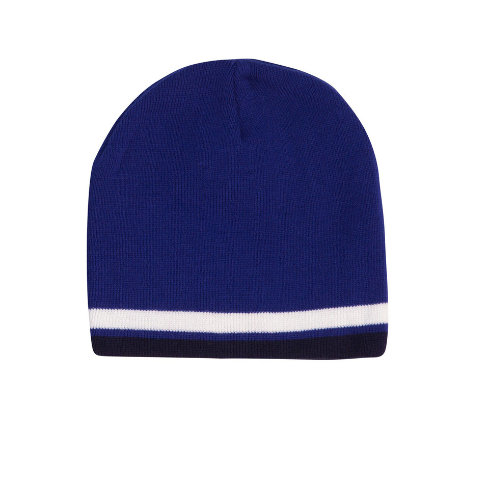 Navy blue knit beanie with white contrast stripe detail at hem