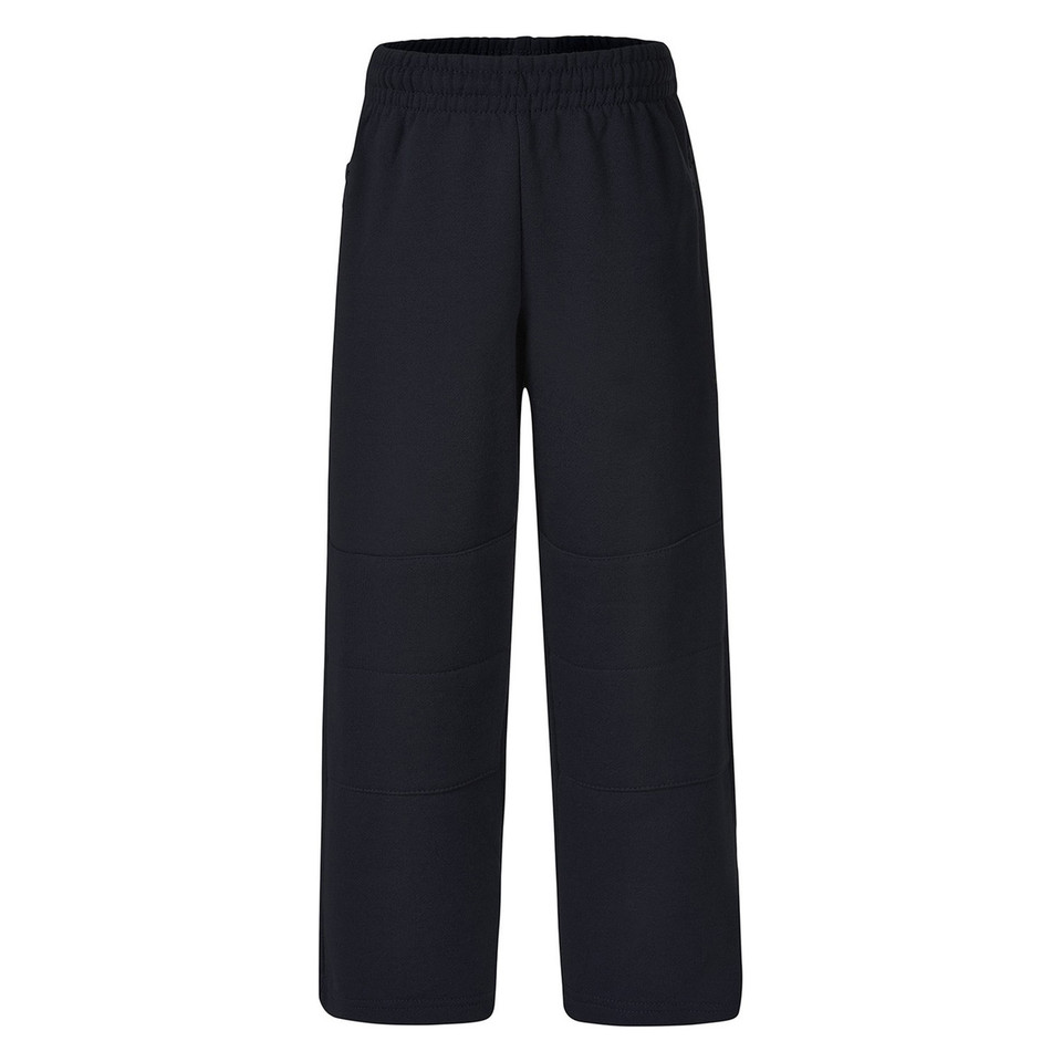 Black fleece track pants with elastic waistband and reinforced knee panels for kids