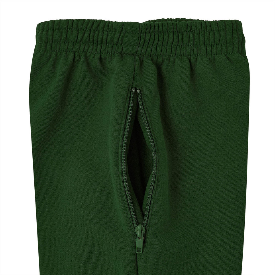 Forest green track pants with elasticated waistband, reinforced knee panels and front zip pocket
