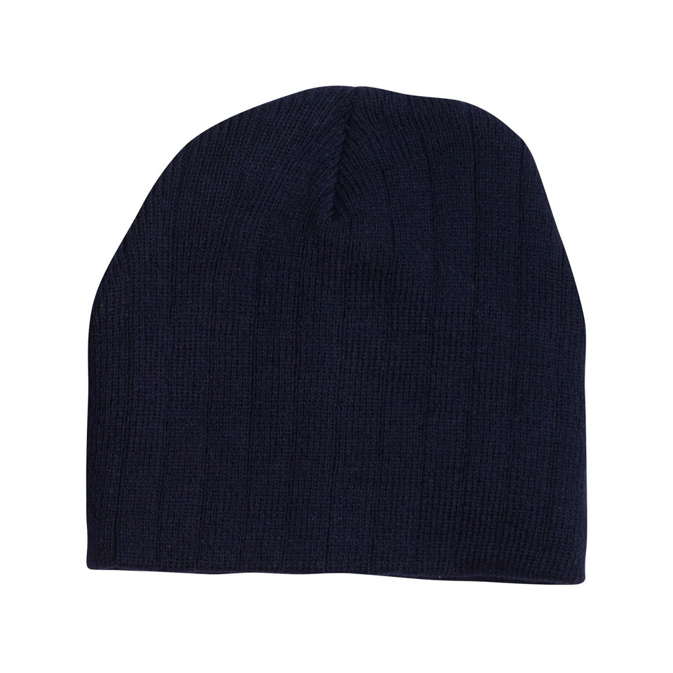 Navy Barge Cable Knit Beanie, a warm winter hat featuring a stylish cable knit texture and a soft internal fleece band for comfort.