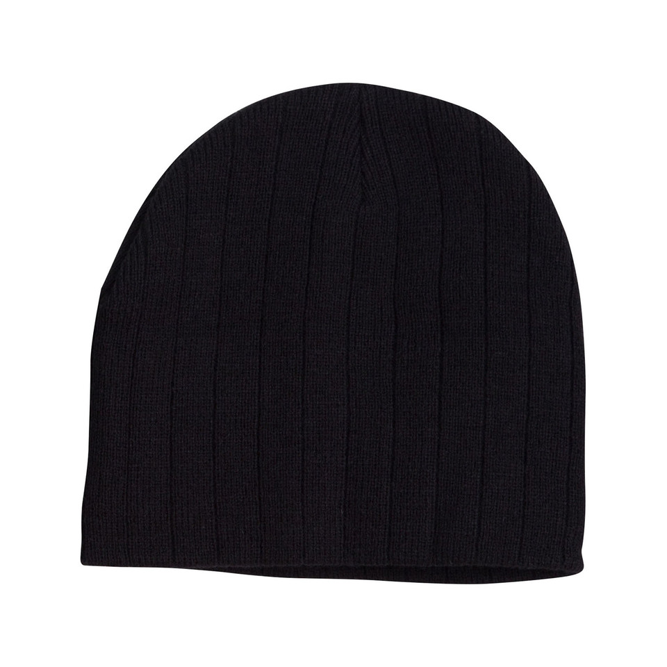 Black cable knit beanie with ribbed texture pattern and fleece inner band