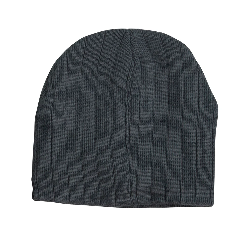 Charcoal grey cable knit beanie with ribbed texture and fleece lining band