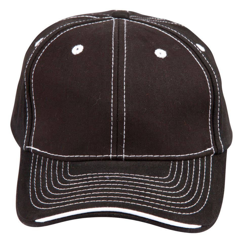 Dark brown cotton twill baseball cap with white contrast stitching and white sandwich brim detail