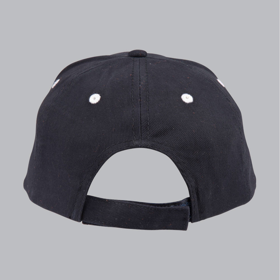 Back view of black cotton cap with white contrast eyelets and adjustable strap closure