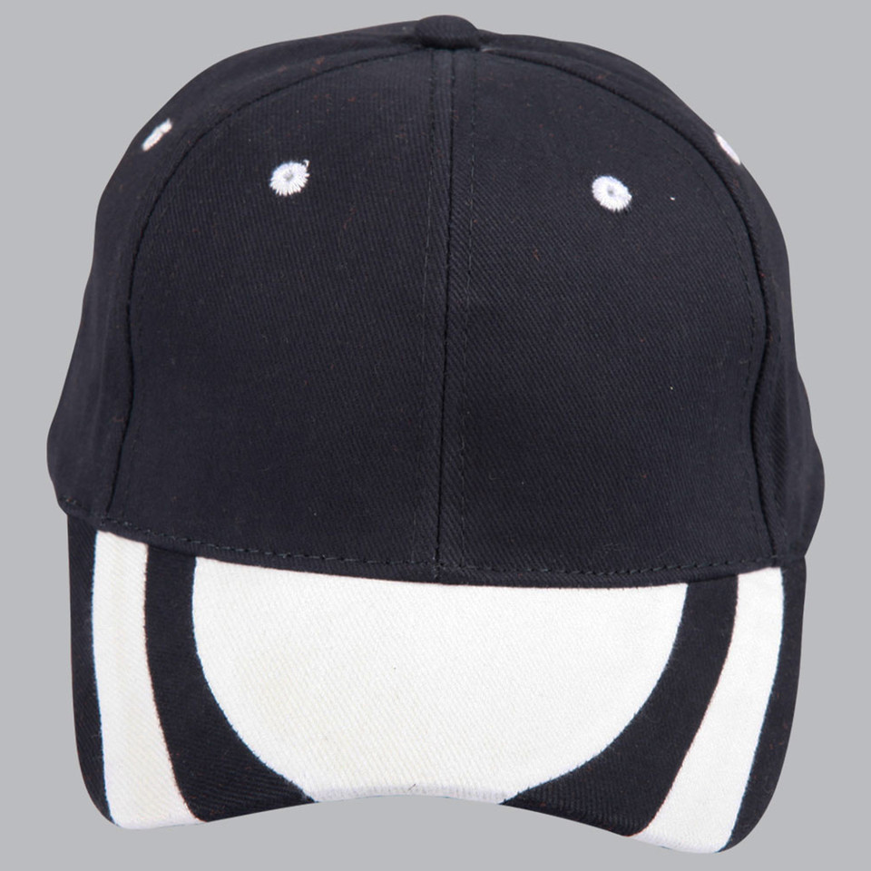 Navy cotton cap with white contrast peak and white embroidered eyelets, structured six-panel design