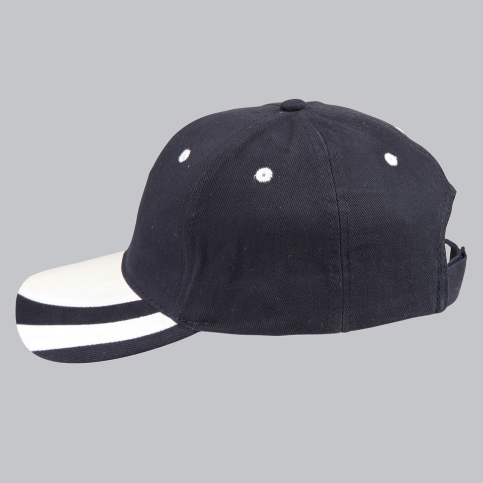 Navy structured baseball cap with white contrast peak featuring twin black stripes and white eyelets, side profile