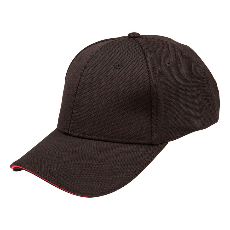 Black structured cap with pique mesh fabric and red contrast trim on sandwich peak
