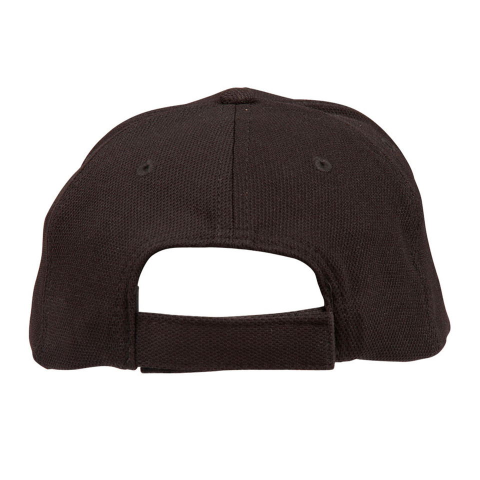 Black structured cap with white contrast sandwich trim and adjustable back closure