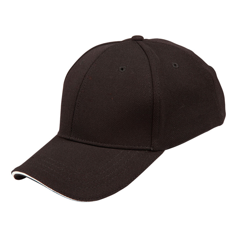 Dark brown structured six-panel cap with white contrast sandwich brim and pique mesh fabric