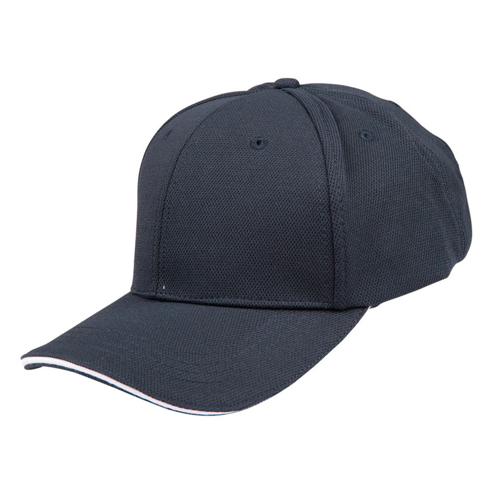 Navy structured six-panel pique mesh cap with white and navy contrast sandwich brim