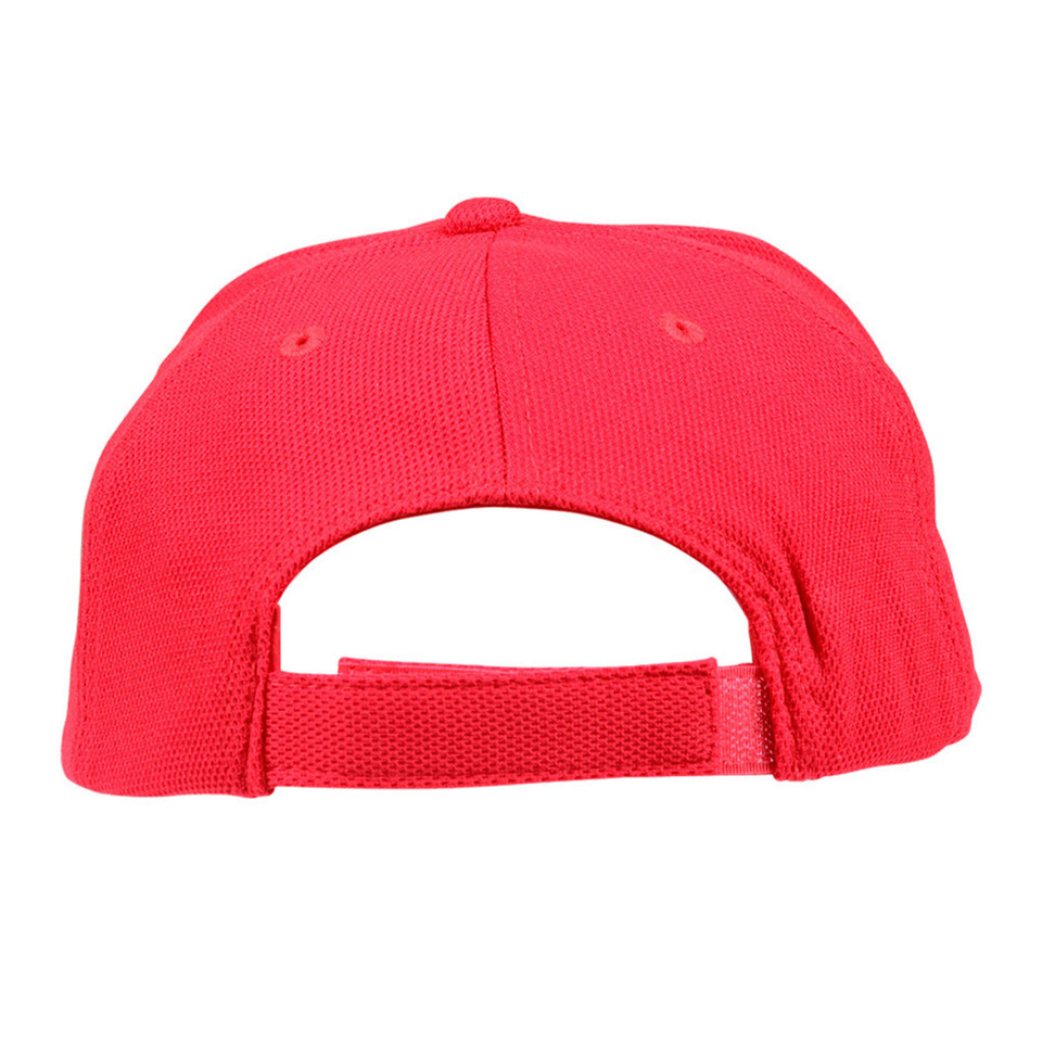 Red pique mesh structured cap rear view showing snapback closure and tonal sandwich brim detail