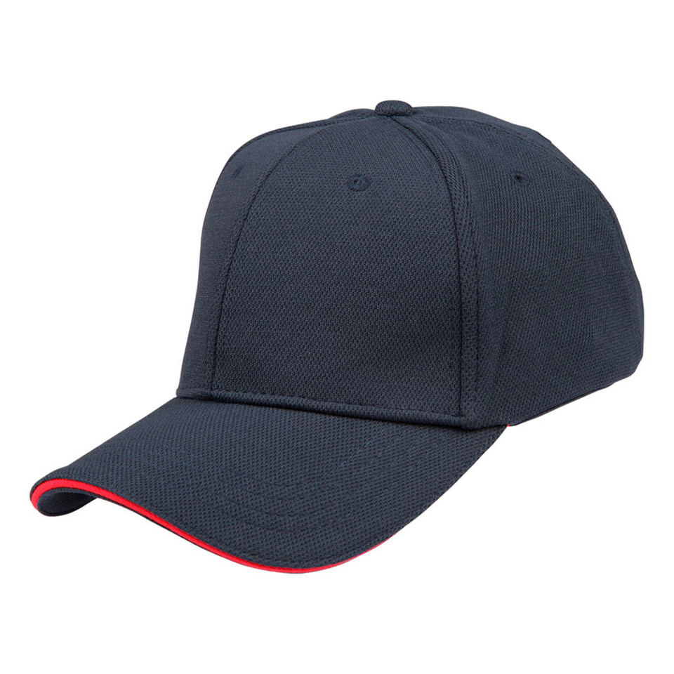 Navy pique mesh structured cap with red contrast sandwich trim on curved peak