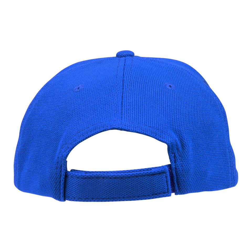 Royal blue pique mesh structured cap rear view showing hook-and-loop strap closure and textured fabric panels