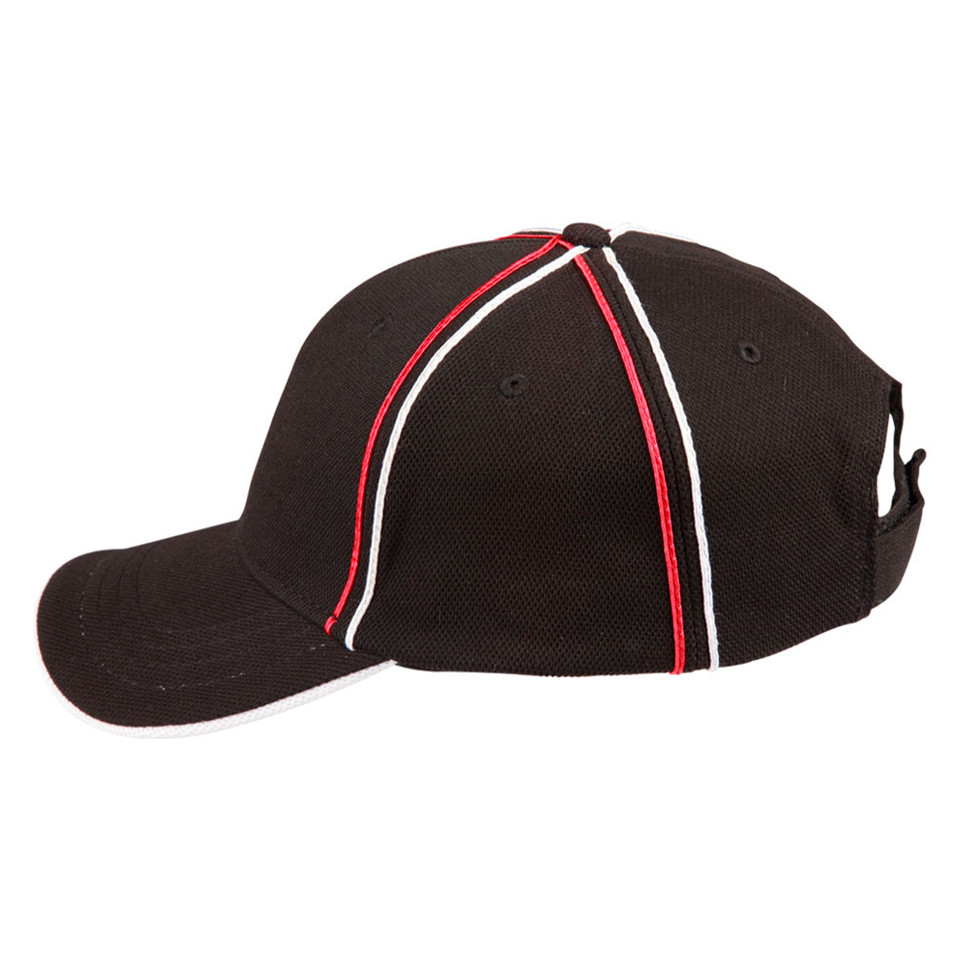 Black structured cap with red and white twin piping seams, pique mesh texture, side profile view