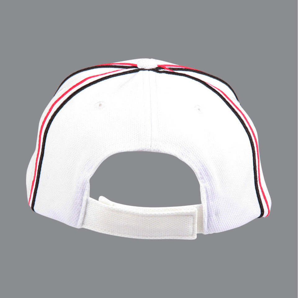White structured cap back view with navy and red piping trim and adjustable fabric strap closure