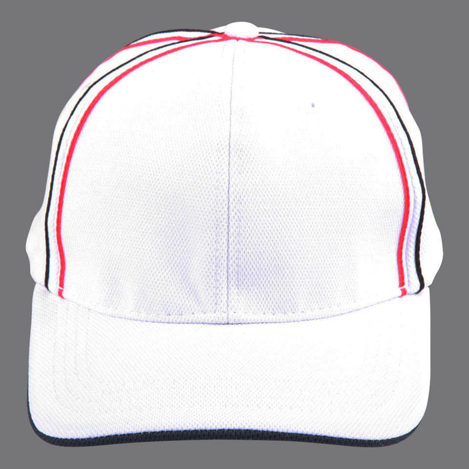 White structured mesh cap with red and navy piping trim detail and contrast sandwich peak