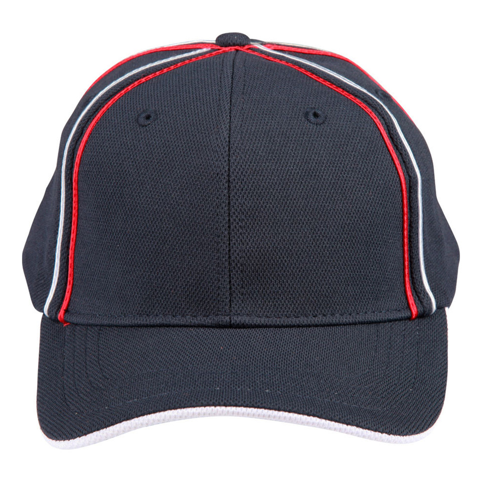 Navy pique mesh structured cap with red and white contrast piping detail on crown and peak
