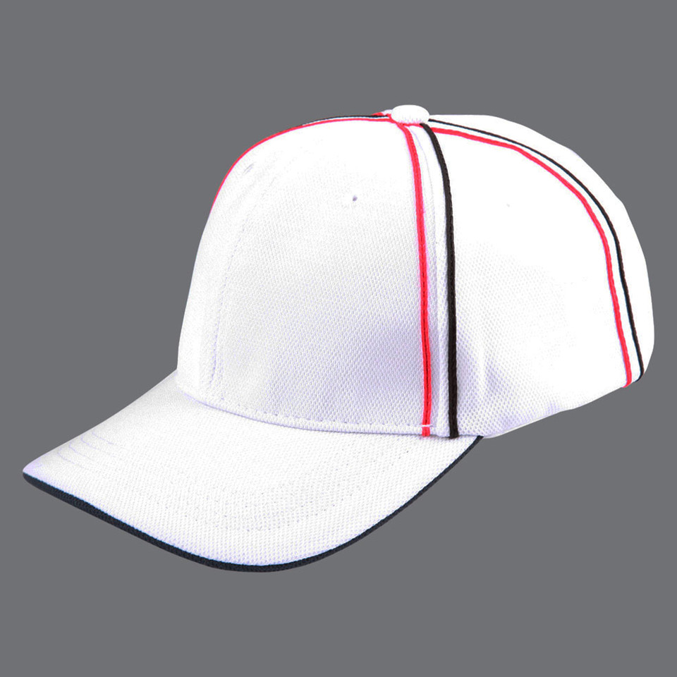 White structured pique mesh cap with red and black vertical twin stripes on crown, navy sandwich brim