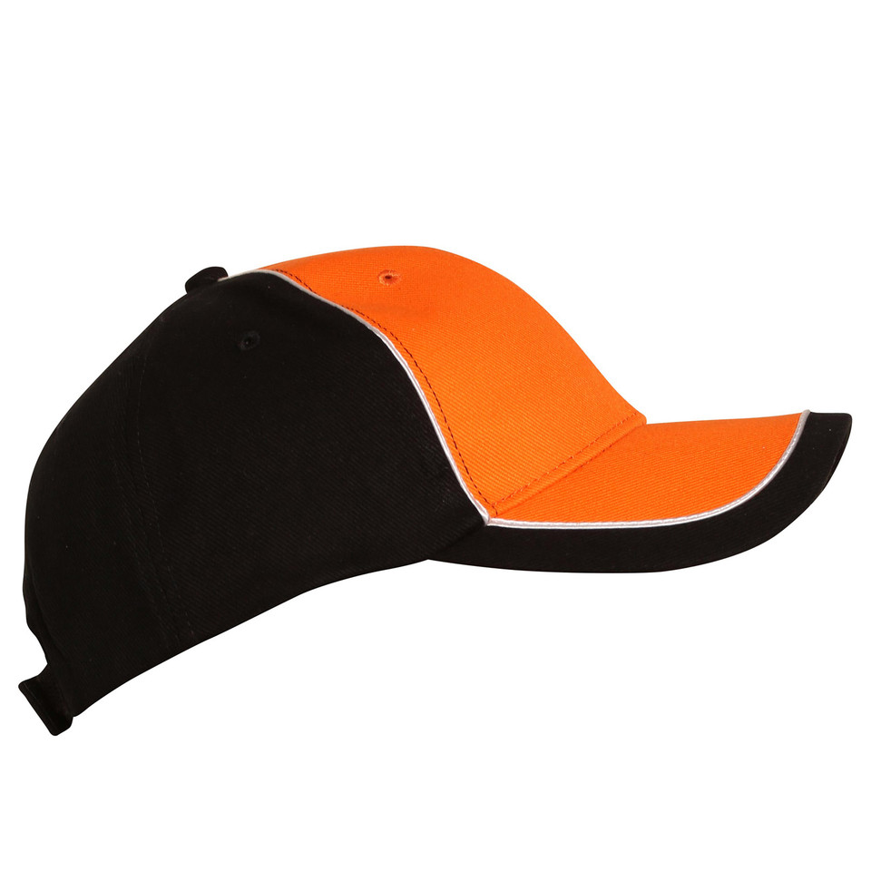 Black and orange two-tone baseball cap with white contrast piping on front panel, side profile view
