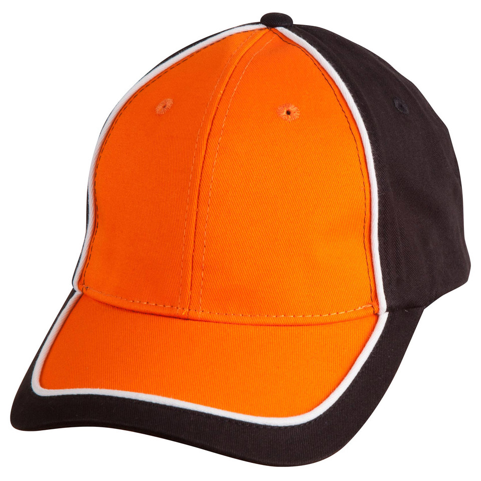 Orange and charcoal two-tone baseball cap with white contrast piping on front panels and brim