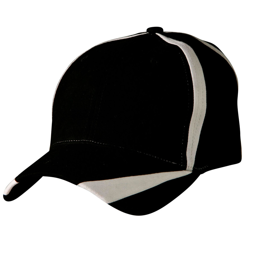 Black cotton twill baseball cap with contrasting silver-grey X-shaped stripe across crown and peak