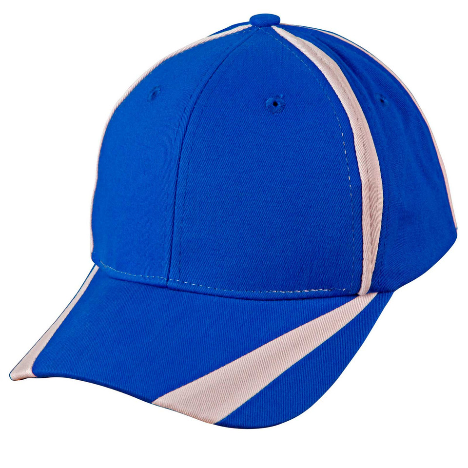 Royal blue cotton twill cap with white contrast stripes on crown and visor