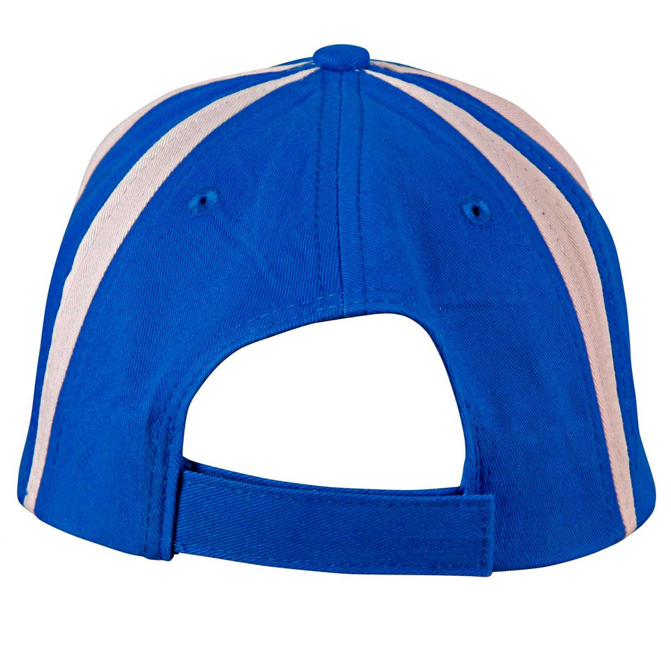 Royal blue baseball cap with white and pink contrast stripes and adjustable back closure