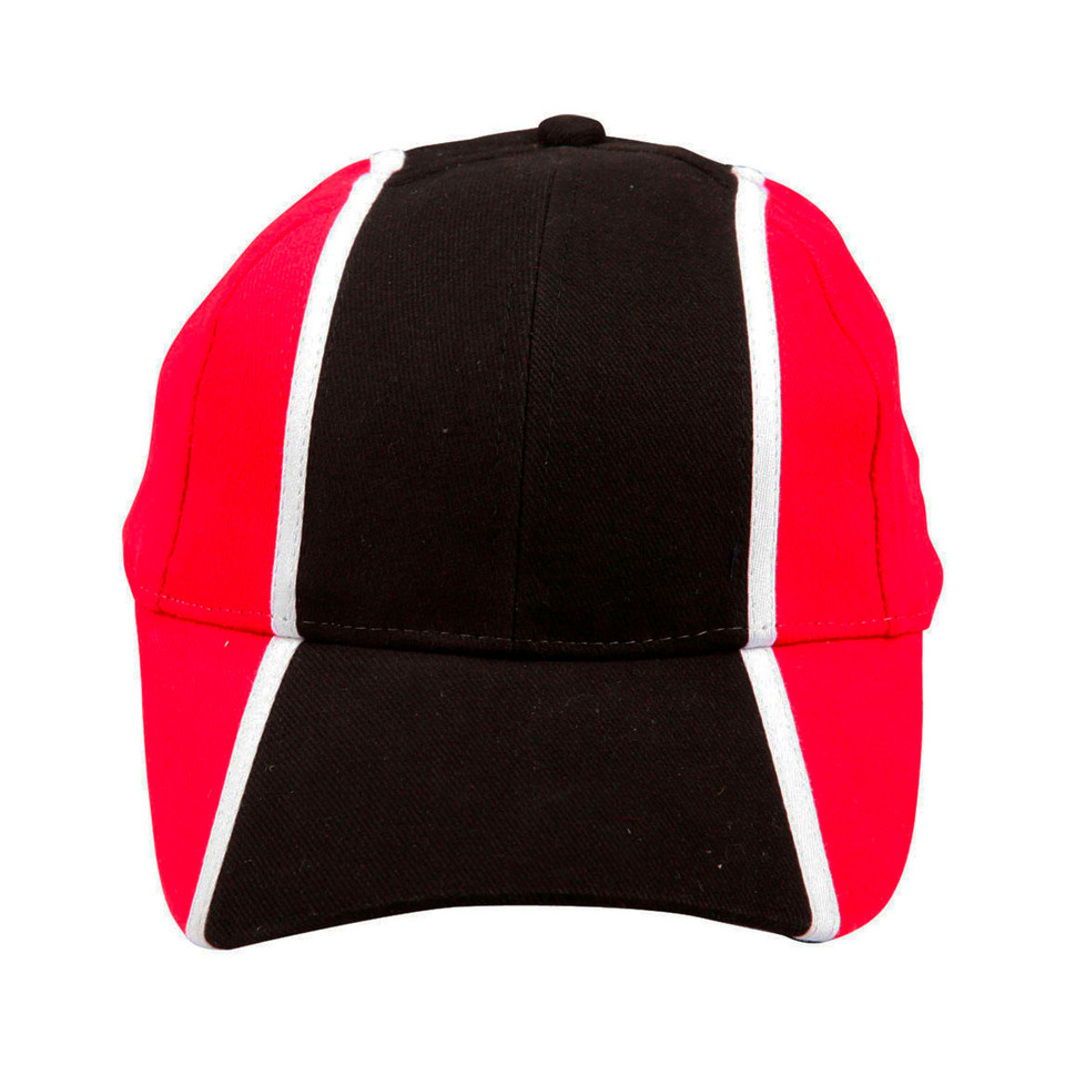 Black baseball cap with red side panels and white contrast piping detail