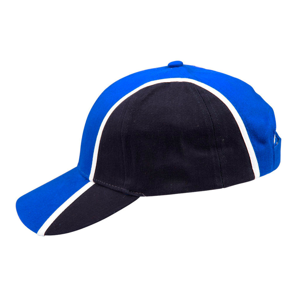 Royal blue and navy tri-colour baseball cap with white piping detail and contrast panels