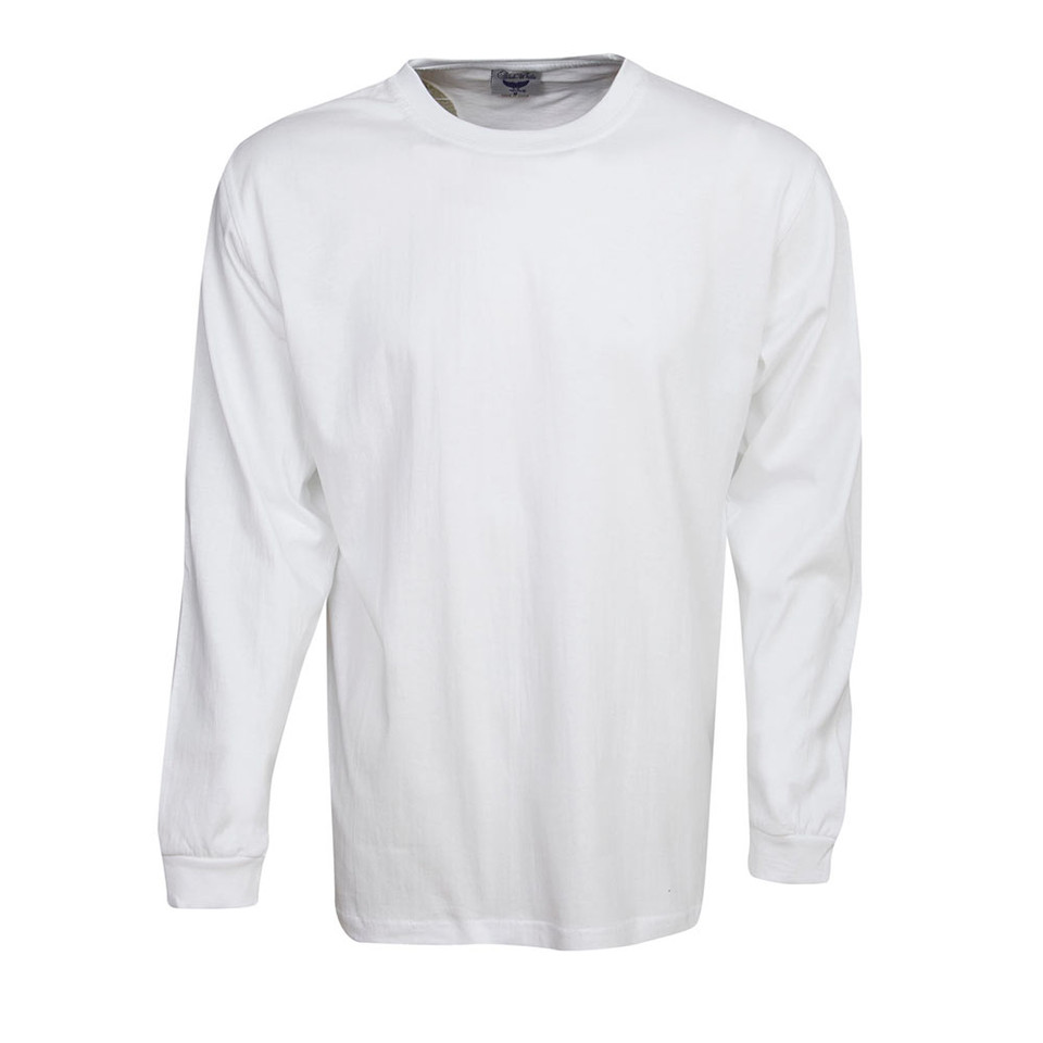 White long sleeve cotton t-shirt with crew neck and grey contrast inner collar detail