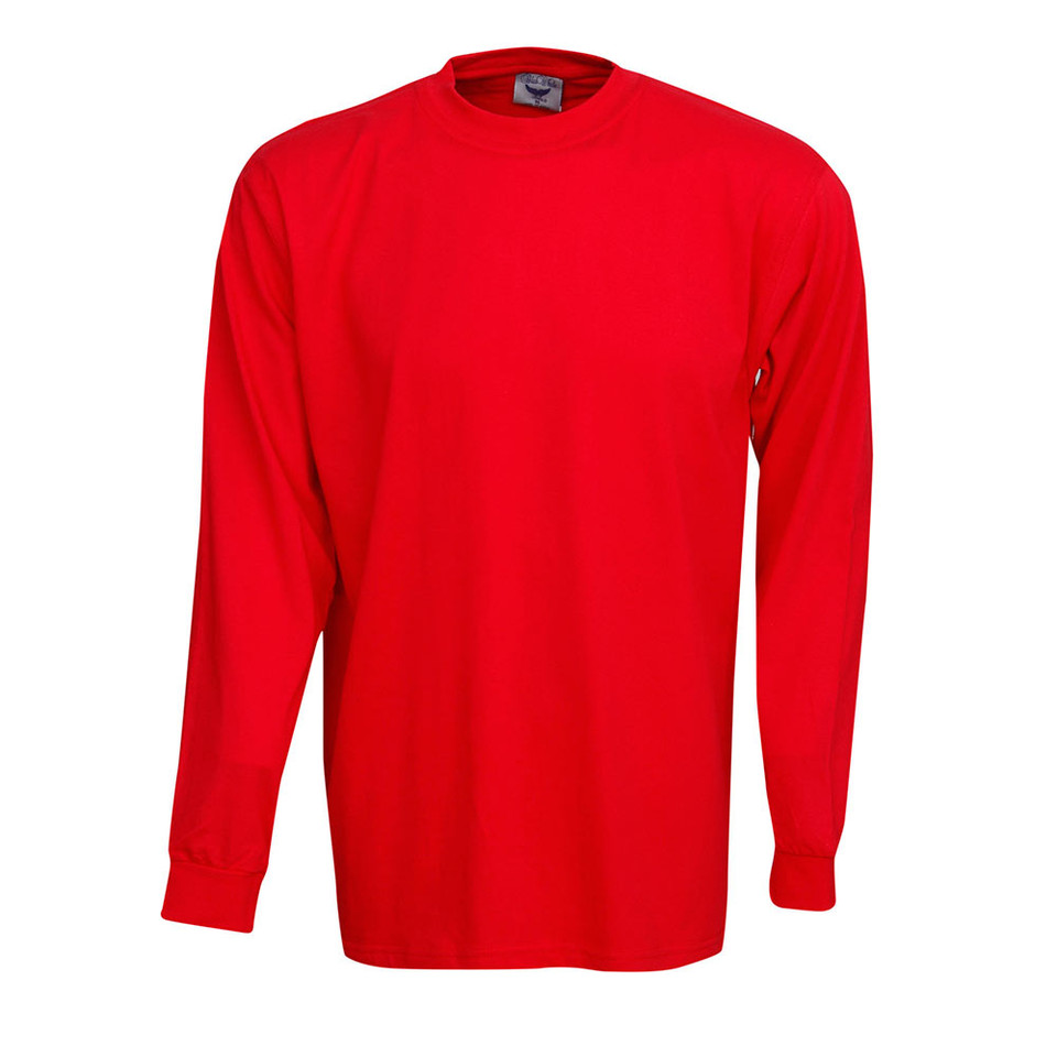 Bright red long sleeve cotton crew neck t-shirt with ribbed cuffs and neckline