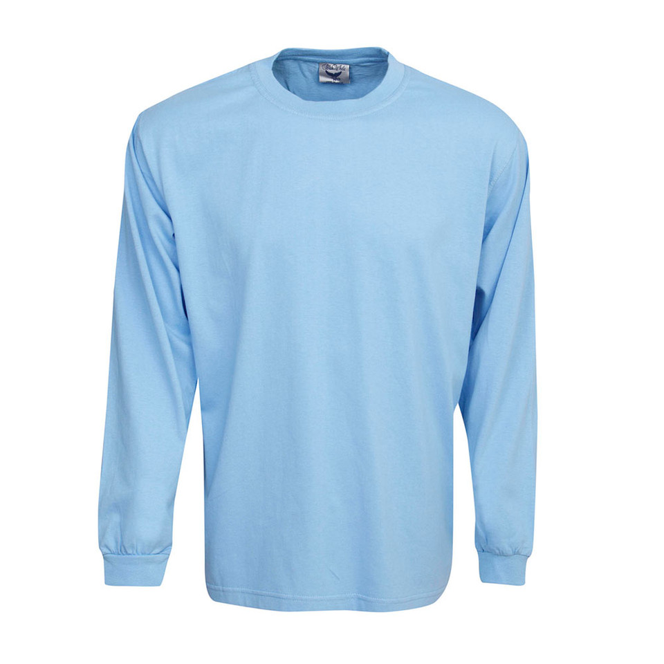 Sky blue long sleeve crew neck cotton t-shirt with ribbed cuffs and neckline