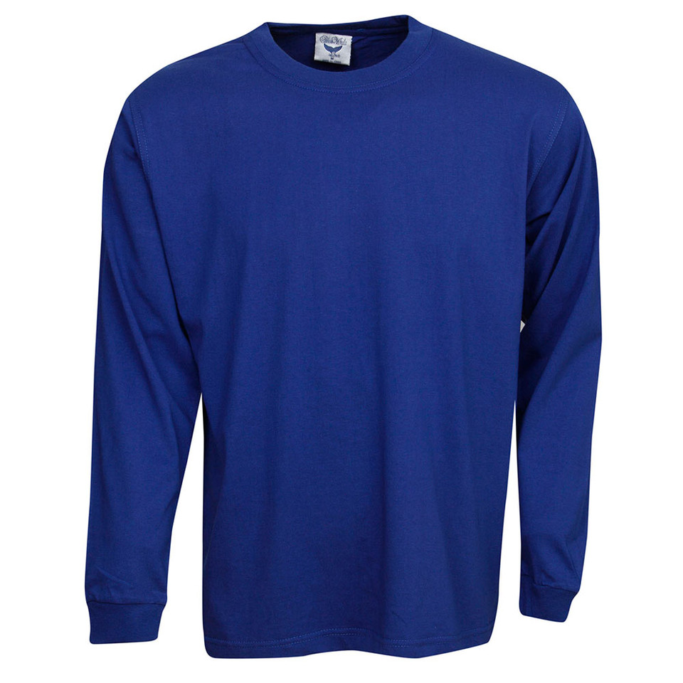 JORDAN Kids 100% cotton 200gsm plain long sleeve t-shirt in royal blue. Premium pre-shrunk cotton with spandex cuffs, regular fit, and excellent UPF sun protection rating.