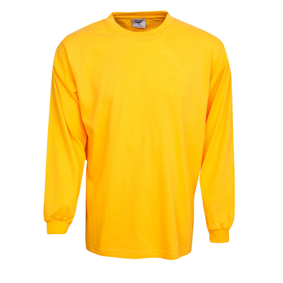 Golden yellow long sleeve cotton t-shirt with ribbed crew neck and cuffs on flat lay