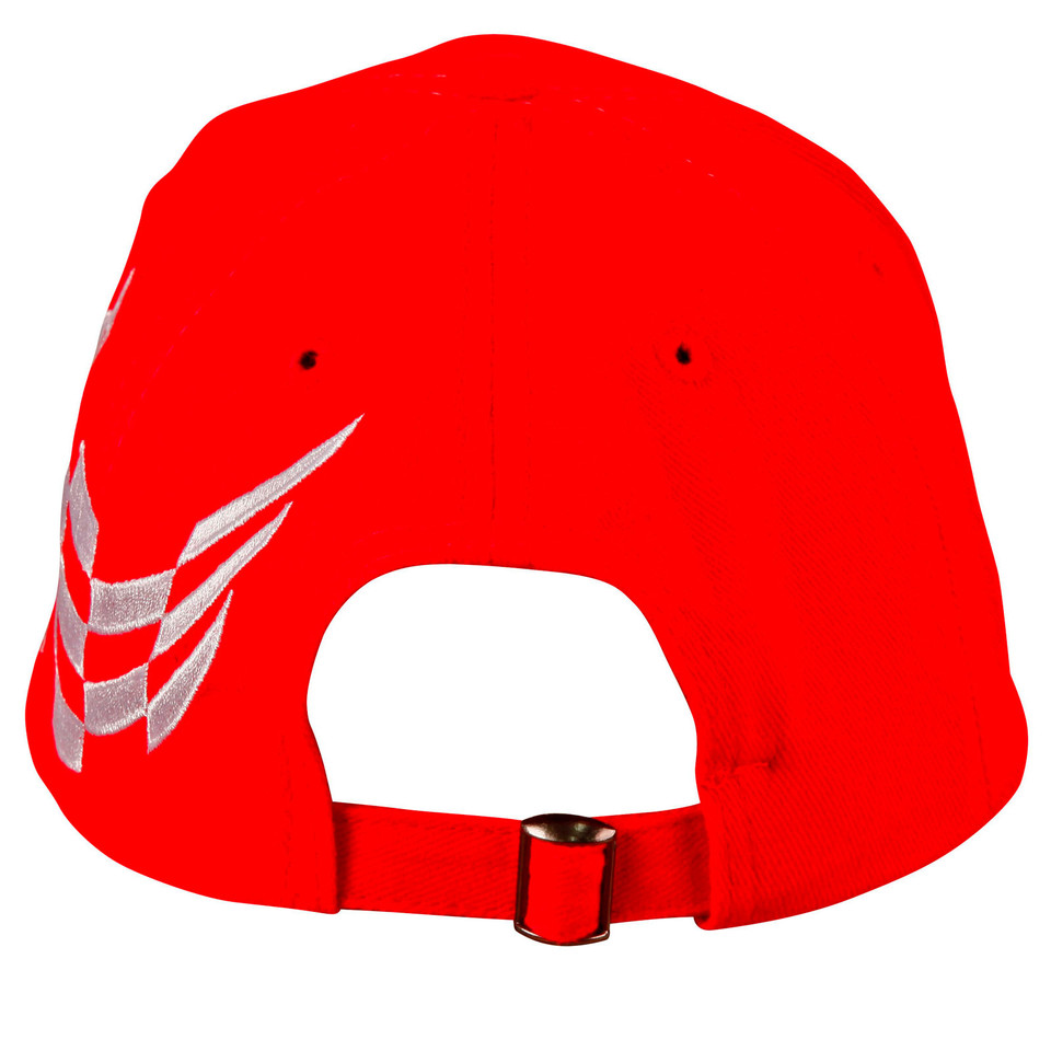 Red structured cap rear view showing white racing check embroidery and red strap with metal buckle closure