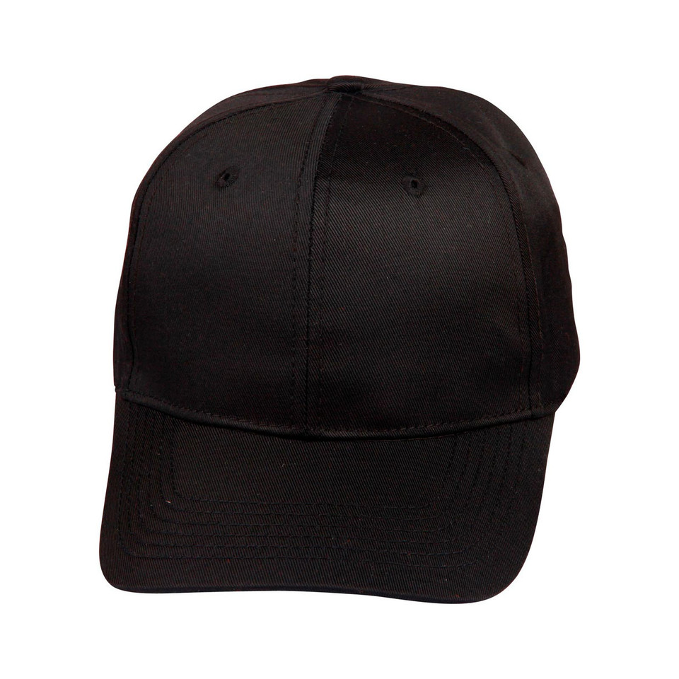 Black poly-cotton twill structured six-panel cap with curved brim and embroidery-ready front panels