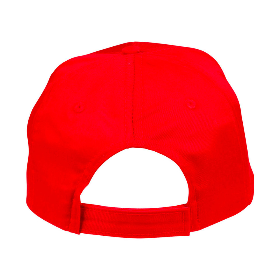 Back view of bright red structured twill cap with adjustable fabric strap closure