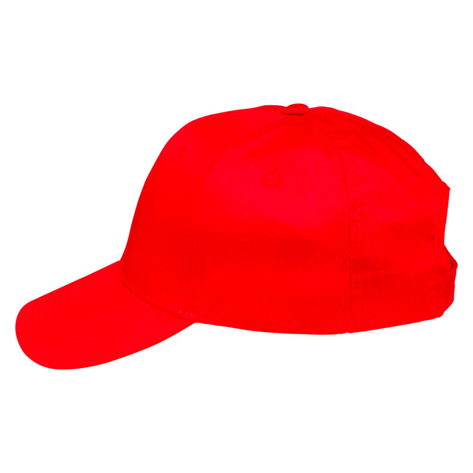 Bright red structured twill cap with curved peak and back closure shown in side profile
