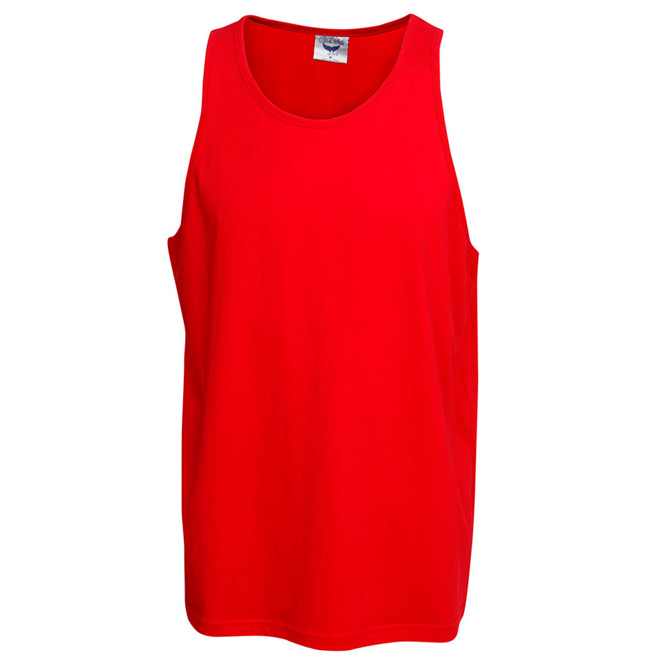Bright red sleeveless cotton singlet with round neckline and relaxed fit