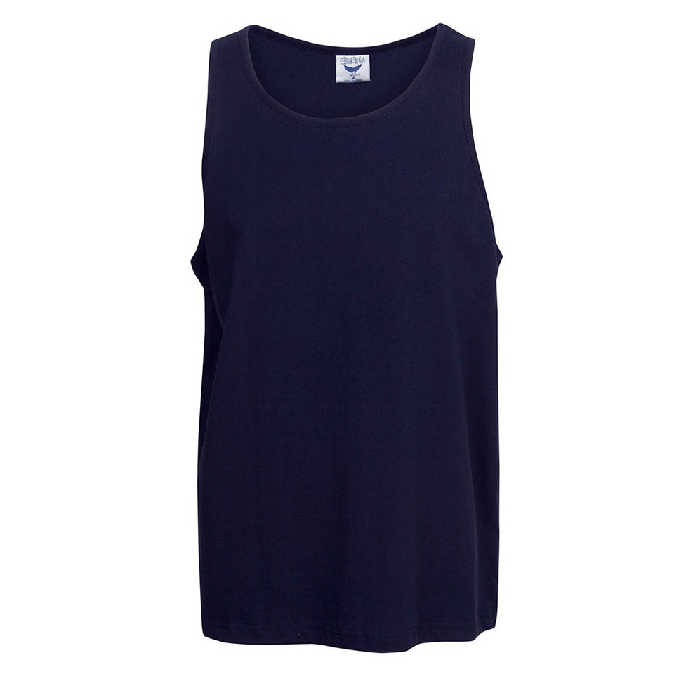 Navy singlet with curved hem and wide armholes on white background