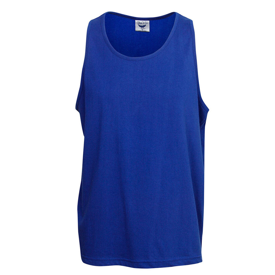 Royal blue men's singlet with deep armholes and wide shoulder straps featuring large front decoration panel