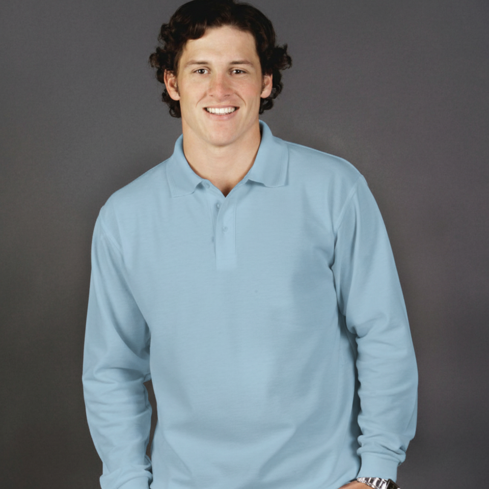 Smiling male model wearing a sky blue long sleeve polo shirt from Marsden, ideal for casual and uniform wear.
