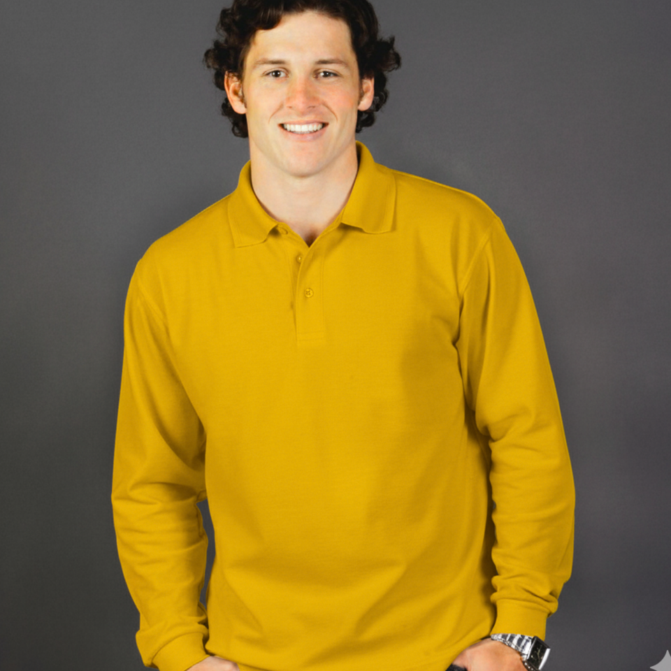 Smiling male model wearing a yellow gold long sleeve polo shirt from Marsden, ideal for casual and uniform wear.