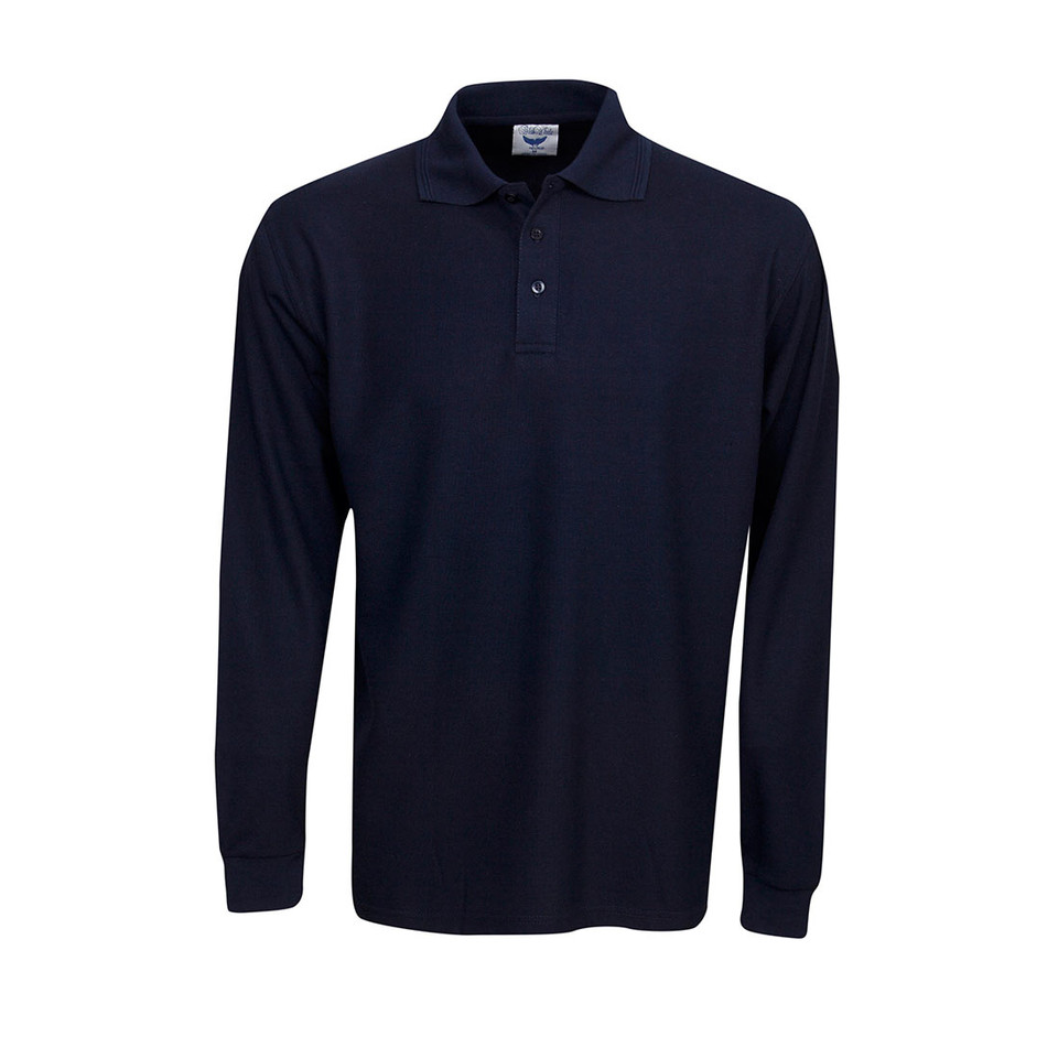 Navy long sleeve polo shirt with collar and three-button placket, ideal for decoration
