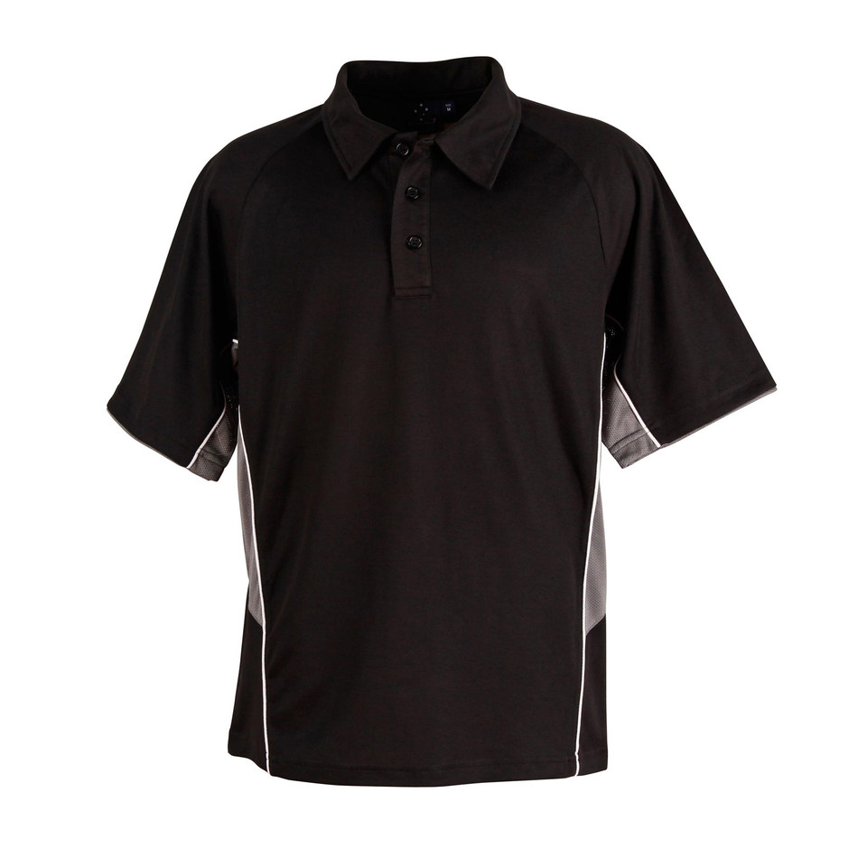 Black polo shirt with grey side panels and white piping detail, featuring collar and button placket