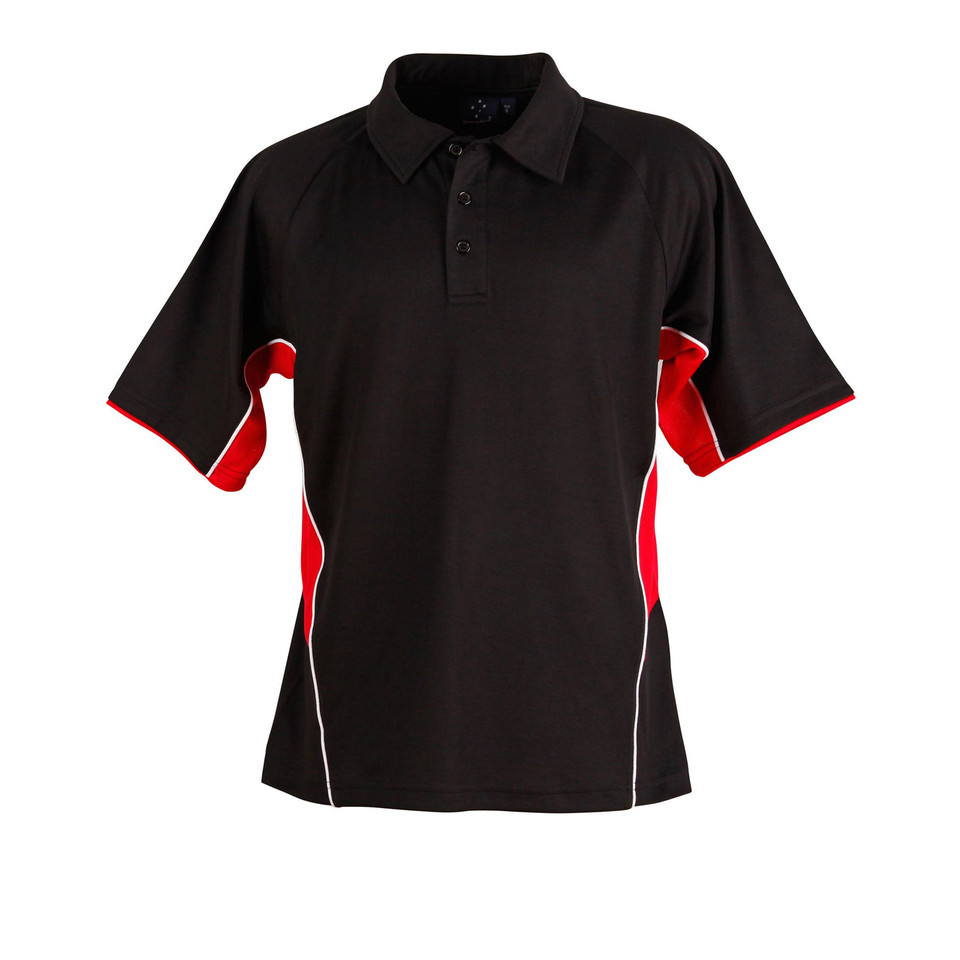 Black polo shirt with red and white contrast panels on sides and sleeves