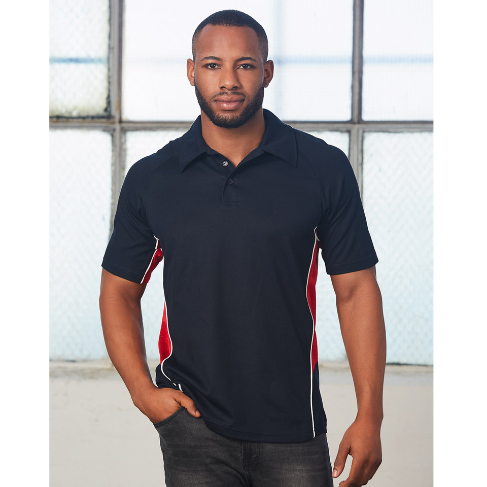 Man wearing navy short sleeve polo with red and white contrast side panels and three-button placket